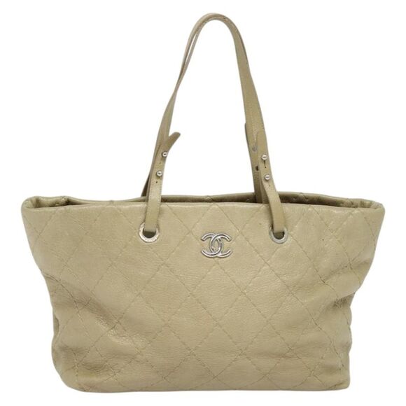 Chanel Logo Cc Beige Leather Tote Bag (Pre-Owned) - Picture 1 of 16